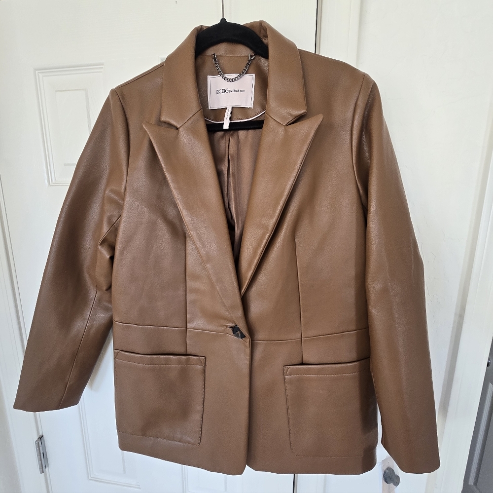 BCBG Women's Cognac Vegan Leather Blazer Jacket - NWT